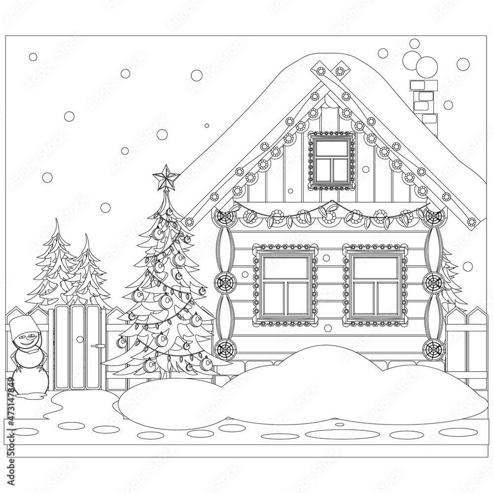 Cute house in winter on Christmas and new year's eve. Vector coloring book.