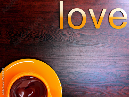 Fototapeta Naklejka Na Ścianę i Meble -  Word love on a background on wooden background. Cup chocolate. St. Valentine's Day. Illustration 3d rendering