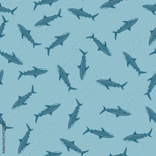Seamless pattern Tiger shark pastel blue background. Gray textured of marine fish for any purpose.