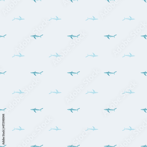 Seamless pattern Blue shark on light background. Texture of marine fish for any purpose.