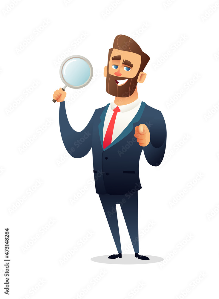 Bearded businessman character holds a magnifying glass and points finger at you Bearded businessman character holds a magnifying glass and points finger at you