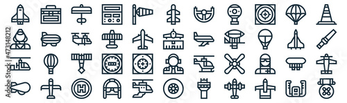 aviation thin line icon set such as pack of simple windsock, wright flyer, demoiselle, ultralight, autogyro, helicopter, parachute icons for report, presentation, diagram, web design