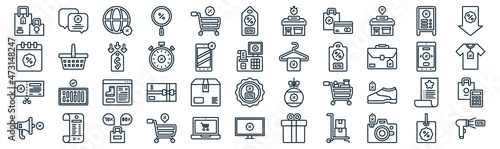 black friday thin line icon set such as pack of simple shopping cart, stopwatch, website, bill, coupon, price tag, sale icons for report, presentation, diagram, web design