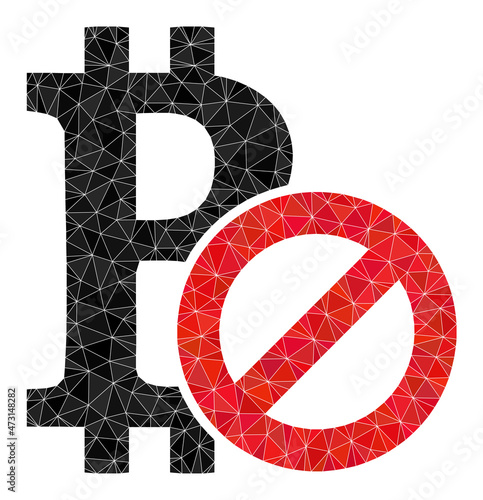 Low-poly forbidden bitcoin icon illustration is combined of random filled triangles. Triangulated forbidden bitcoin polygonal icon vector illustration. Forbidden Bitcoin icon is filled with triangles.