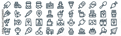 ice cream shop thin line icon set such as pack of simple cake, pin, ice cream, ice cream, , scoop icons for report, presentation, diagram, web design