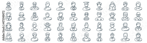professions thin line icon set such as pack of simple accountant, employer, actress, phone operator, fireman, arab man, delivery boy icons for report, presentation, diagram, web design