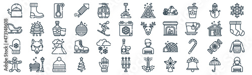 winter thin line icon set such as pack of simple cable car cabin, christmas ball, mountain, bench, glove, brandy, snowman icons for report, presentation, diagram, web design