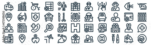 hospital thin line icon set such as pack of simple medical records, ambulance, emergency call, pin, user, shield, ophthalmology icons for report, presentation, diagram, web design