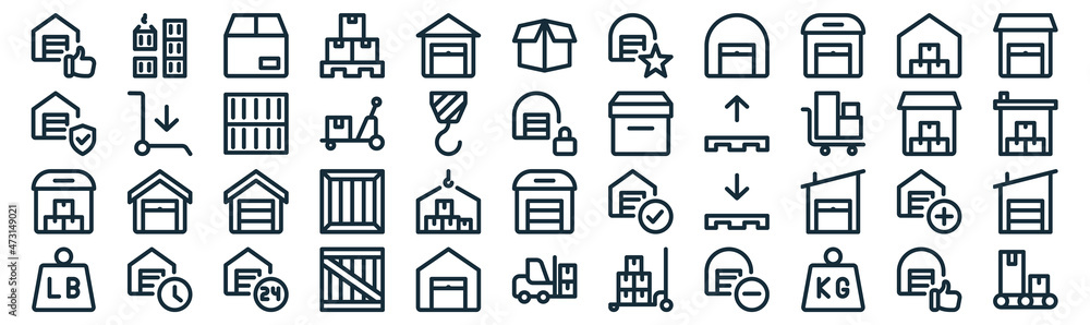 warehouse thin line icon set such as pack of simple warehouse, waggon, warehouse, container, icons for report, presentation, diagram, web design