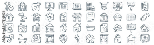 real estate thin line icon set such as pack of simple real estate, home security, fax hine, bathtub, real estate, carport, paintbrush icons for report, presentation, diagram, web design