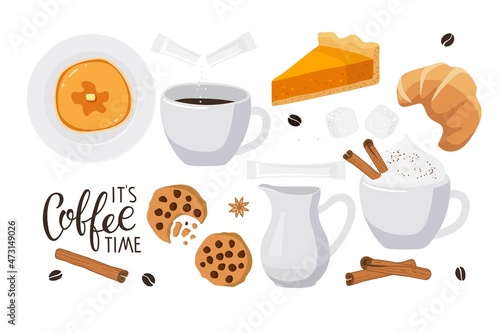 Breakfast with coffee mugs, creamer, croissant, cookies, cinnamon, sugar, pancakes, pastries, cinnamon. Coffee time calligraphy lettering. For banner or poster for coffee shop, restaurant, cafe.