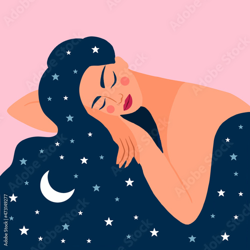 sleeping girl with long hair. woman dreaming in night sky and stars. vector illustration