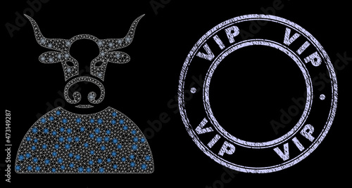 Light polygonal mesh net bull person icon with glow effect on a black background with round Vip grunge seal imitation. Vector frame created from bull person icon, white colored mesh network is used.
