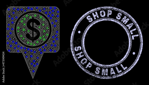 Light polygonal mesh web dollar map marker icon with glow effect on a black background with round Shop Small dirty seal print. Vector carcass generated from dollar map marker icon,