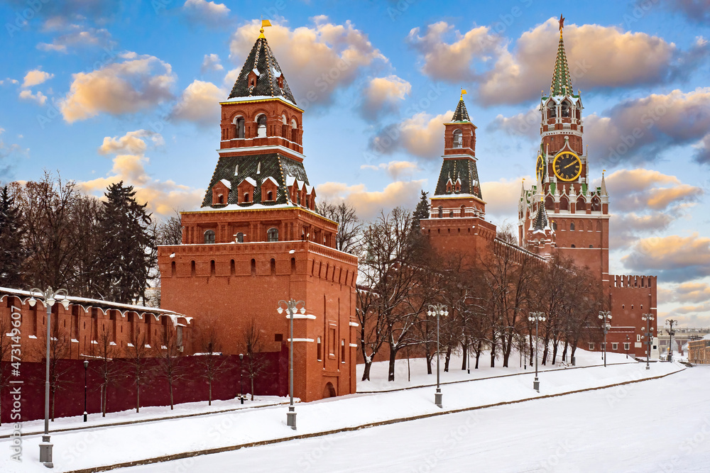 Moscow. Kremlin. Kremlin towers on the background of snow. Winter in the Russian capital. Desert Kremlin embankment. Winter trip to Russia.