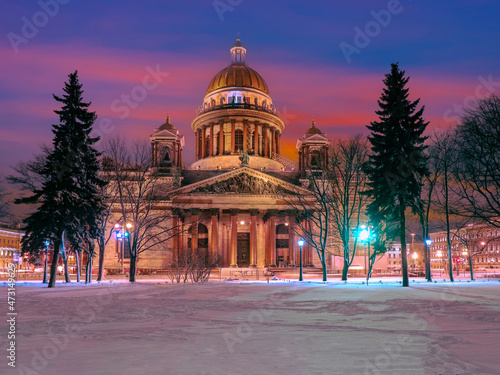 Christmas night in Saint Petersburg. Winter in Russia. Snow near Isakievskaya Square. St. Isaac's Cathedral at sunset. Traveling around Russia city. Christmas holidays in Saint Petersburg