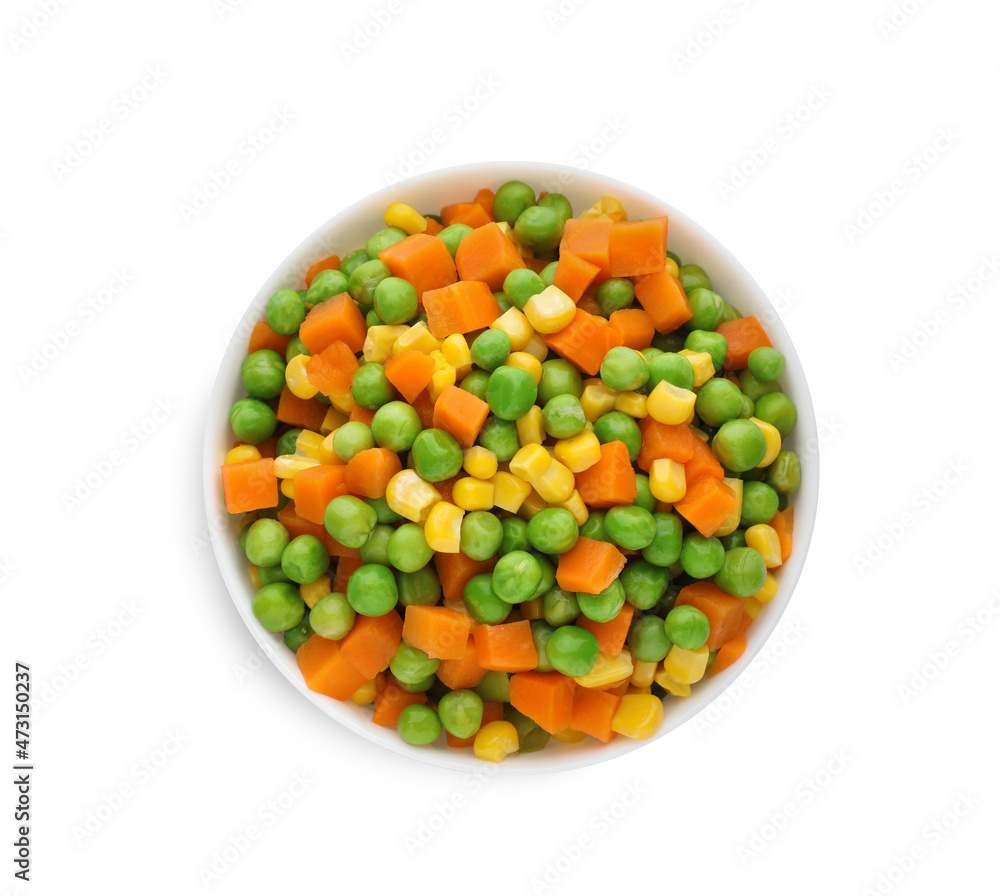 Mix of fresh vegetables in bowl on white background, top view Mix of fresh vegetables in bowl on white background, top view