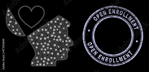 Glitter mesh net favourites open mind icon with glare effect on a black background, and round Open Enrollment scratched stamp. Vector grid is based on favourites open mind icon,
