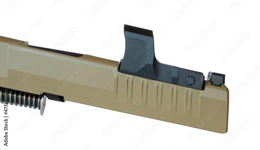 Red dot optic mounted on a pistol slide foto de Stock Adobe Stock