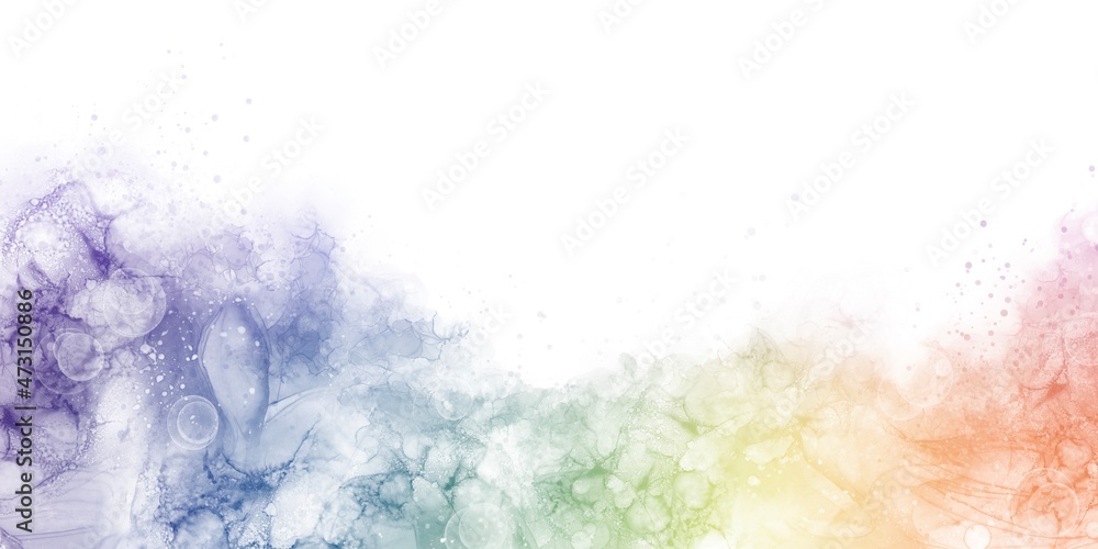 アルコールインクアートの幻想的抽象背景）虹色の波とシャボン玉　横長のバナー　レインボー　スペース