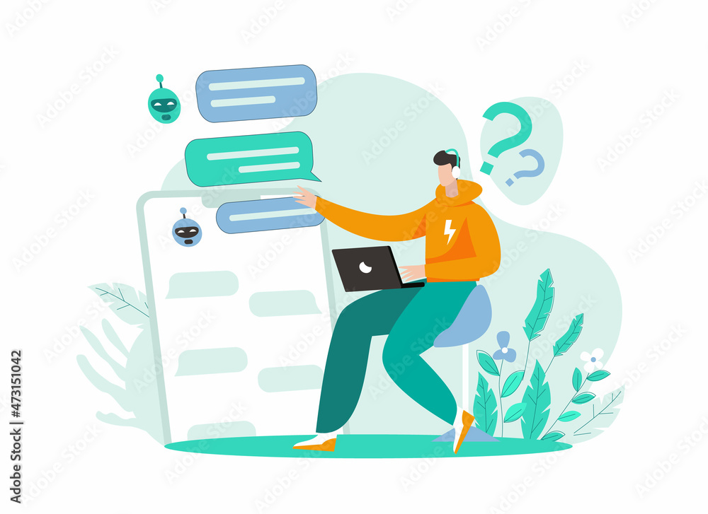 Talking to chat widget illustration, Man chatting with chat bot, Chatbot concept vector