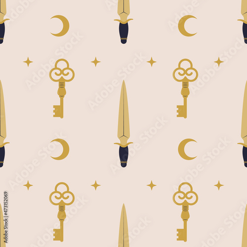 Seamless pattern with vintage key, knife and stars symbols. Ancient golden door opener and dagger in boho style. Hand drawn fairy tale background for textile, wrapping paper, print and design