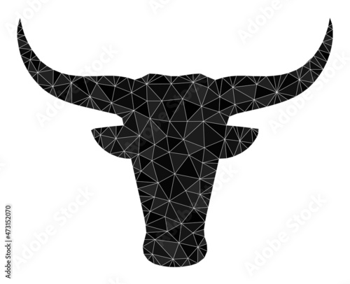 Low-poly bull head icon illustration is constructed with chaotic filled triangles. Triangulated bull head polygonal symbol vector illustration. Bull Head icon is filled with triangles.