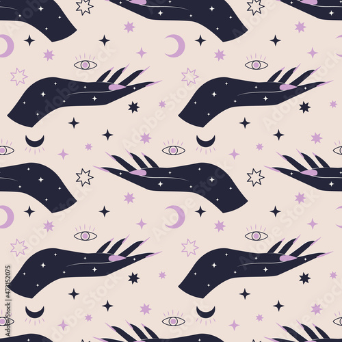 Seamless pattern with bohemian woman hand and celestial symbols of moon and stars. Spiritual wicca background for print, textile, wrapping paper, cover, design. Witchcraft symbol vector illustration