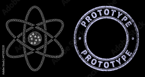Magic mesh web atom icon with glow effect on a black background with round Prototype corroded badge. Vector frame is created from atom icon, white mesh is used.