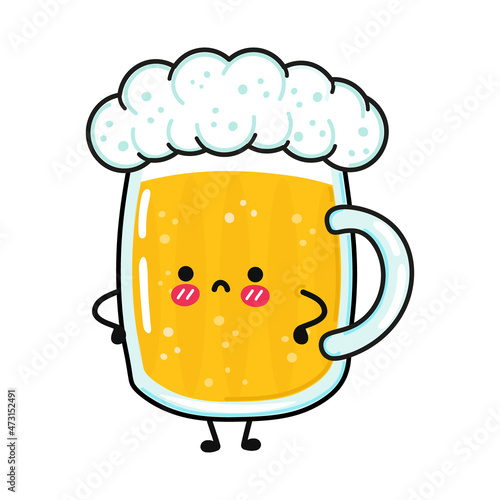 Cute sad glass of beer character. Vector hand drawn cartoon kawaii character illustration icon. Isolated on white background. Glass of beer character concept