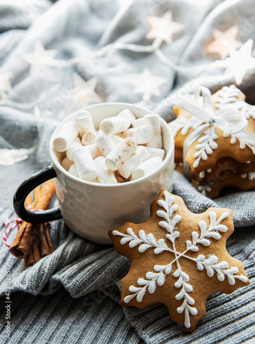 Christmas decorations, cocoa and gingerbread cookies.