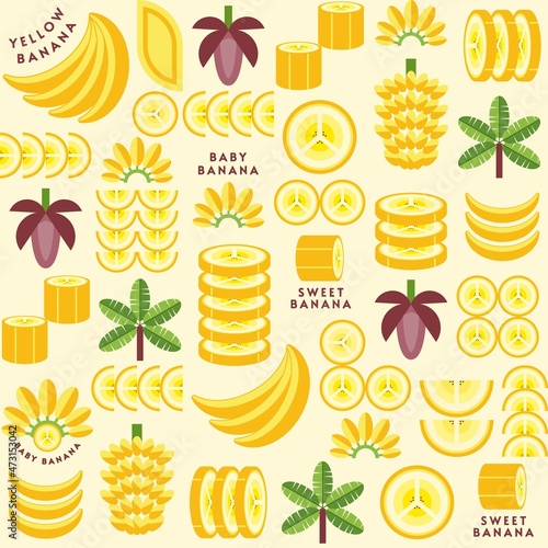 Seamless background with banana design elements, logo in simple geometric style. Vector pattern is good for branding, decoration of food package, cover design, decorative print, background