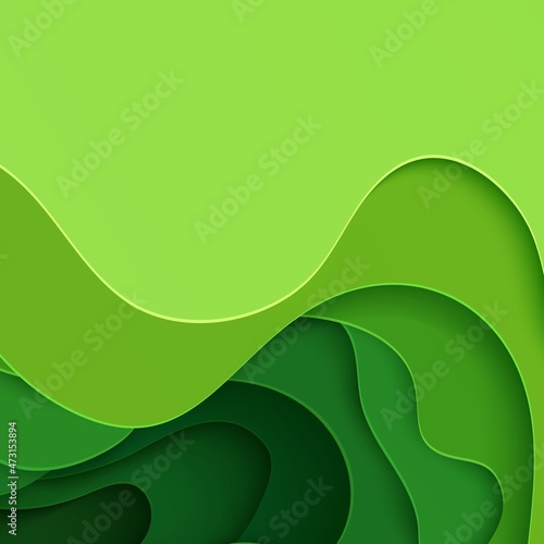 Abstract green background in paper cut style. 3d layout wallpaper cut out from cardboard. Modern template with abstract curve shapes. Vector environmental card with papercut waves for business poster.