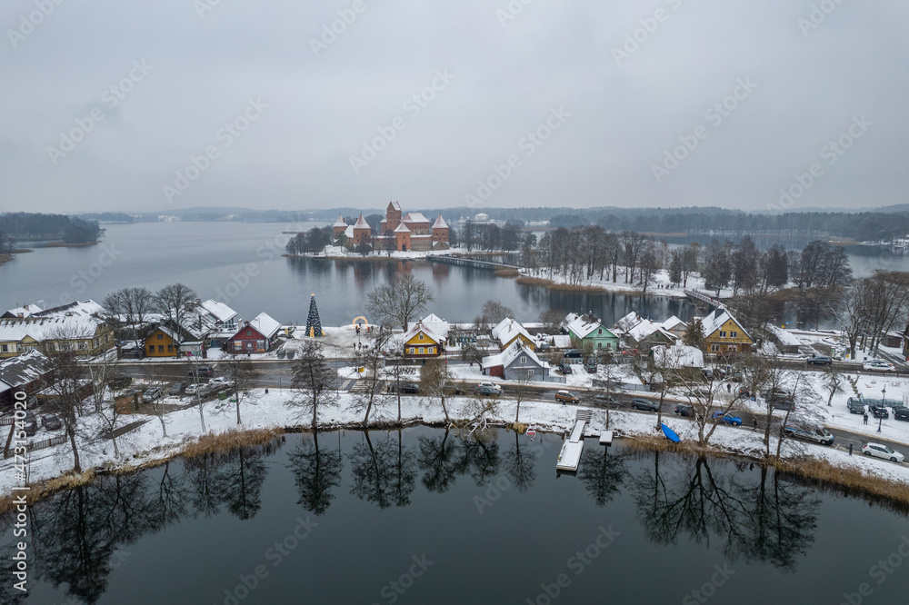 Fototapeta premium Aerial winter snowy view of Trakai Island Castle