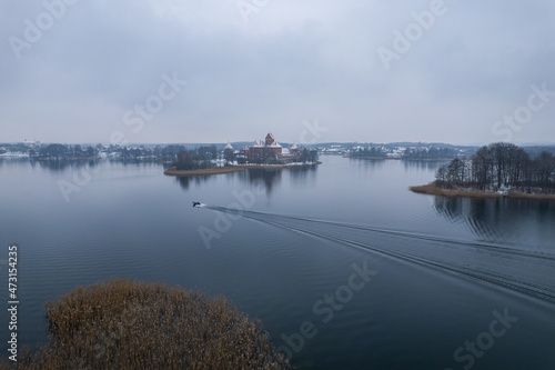 Aerial winter snowy view of Trakai Island Castle