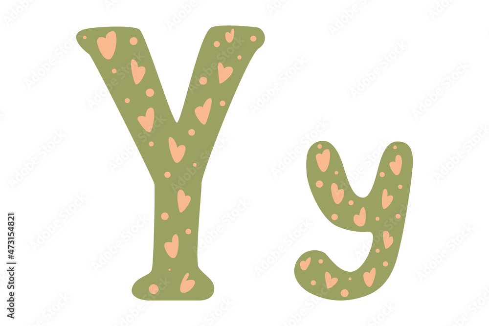 Cute alphabet letters with hearts, colored doodles on white background. Letter Y in cartoon style. Vector illustration for children. Wrapping paper, decoration, design of nursery Cute alphabet letters with hearts, colored doodles on white background. Letter Y in cartoon style. Vector illustration for children. Wrapping paper, decoration, design of nursery