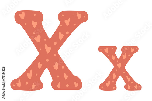 Cute alphabet letters with hearts  colored doodles on white background. Letter X in cartoon style. Vector illustration for children. Wrapping paper  decoration  design of nursery