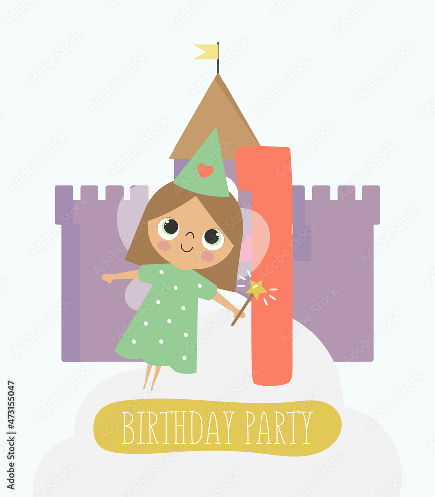Happy Birthday card with cute little Fairy and number one. Vector illustration cartoon style. Illustration for children's parties, postcards, posters, invitations, banners and printing.
