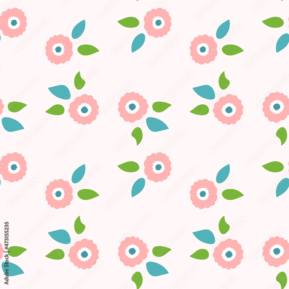 Repeating flowers with leaves. Cute seamless pattern. Endless floral print. Vector illustration.