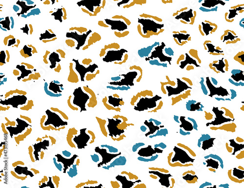 Full seamless leopard cheetah animal skin pattern. Ornamental Yellow Blue Design for women textile fabric printing. Suitable for trendy fashion use.