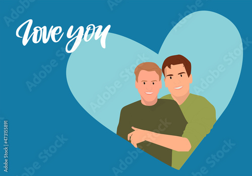 Valentine's day gay couple. Happy homosexual couple are hugging. Vector illustration