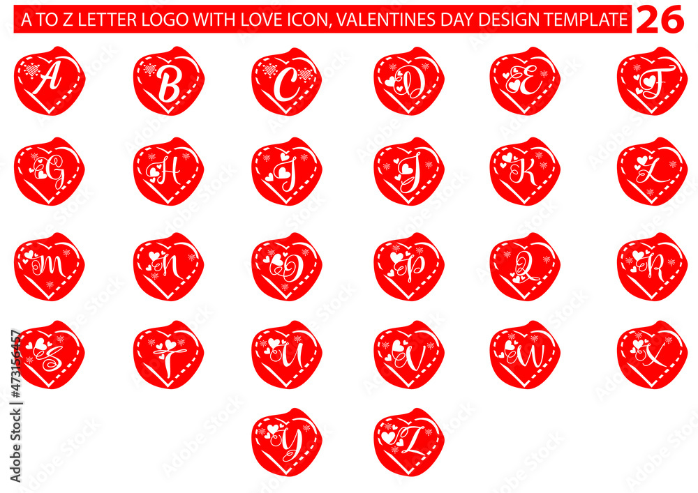 A to Z letter logo with love icon, valentines day design template A to Z letter logo with love icon, valentines day design template