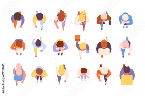 People top view. Overhead of human, men gathering crowd. Person walking, diverse isolated characters community. Urban man woman utter vector set