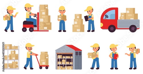 Flat warehouse. Factory truck, logistic operator and cute delivery team. Transporting service, post industry. Workers in uniform decent vector set