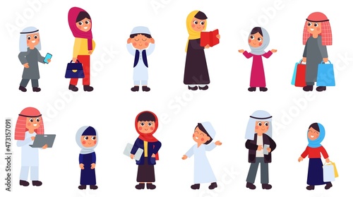 Arab family. Arabic son, saudi couple and single characters. Cartoon muslim people, isolated islam person in traditional cloth, decent vector set