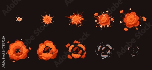 Explosion animation. Cartoon explosions, smoke disappear. Atomic blast frames, danger bang effect. Comic bomb boom recent vector step by step illustration