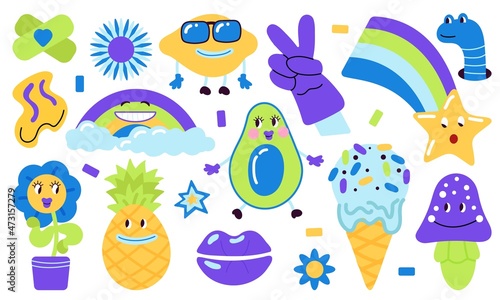 Psychedelic elements. Surreal fun patches, abstract funky creative art. Weird groovy design, trendy 1960s pop hipster sticker. Surrealism decent vector set