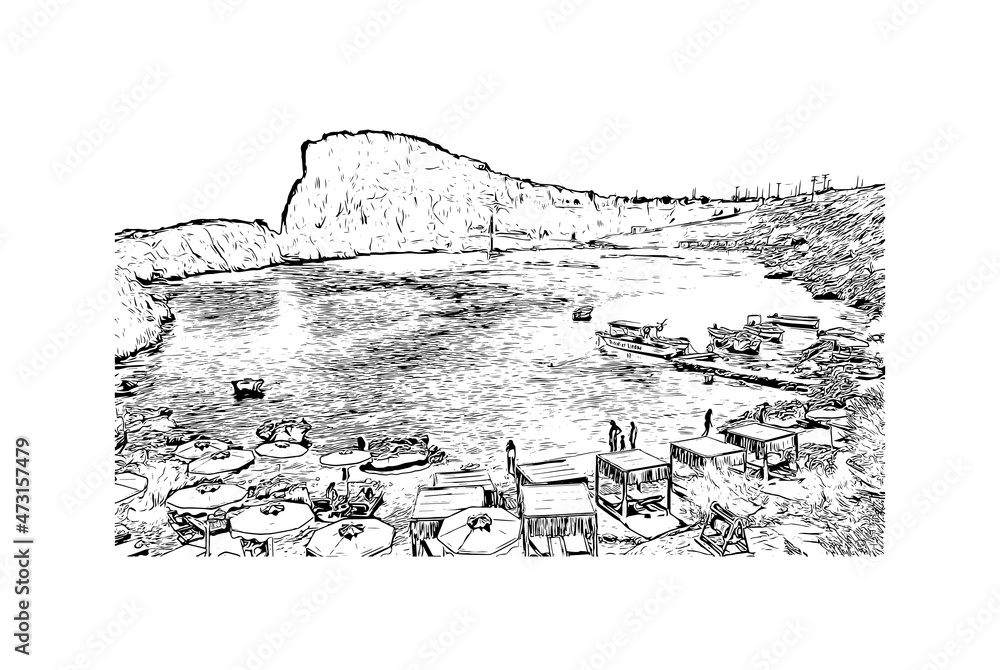 Obraz premium Building view with landmark of Lindos is the village in Greece. Hand drawn sketch illustration in vector.