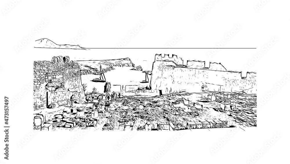 Building view with landmark of Lindos is the 
village in Greece. Hand drawn sketch illustration in vector.
