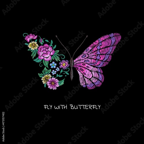 Butterfly and flower. Floral butterflies wings, youth teenagers slogan print. Spring summer vibes, silk embroidery print. Beautiful girly nowaday vector poster